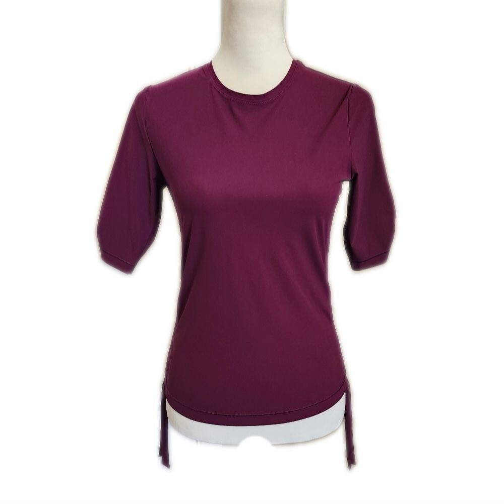 Athleta nylon/lycra/spandex maroon short sleeved swim shirt, ruched sides S